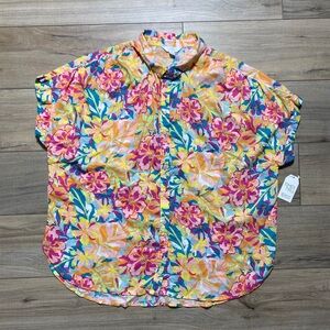 Time And Tru Womens Linen Blend‎ Roll Cuff Button Up Floral Shirt XL Soft Papaya